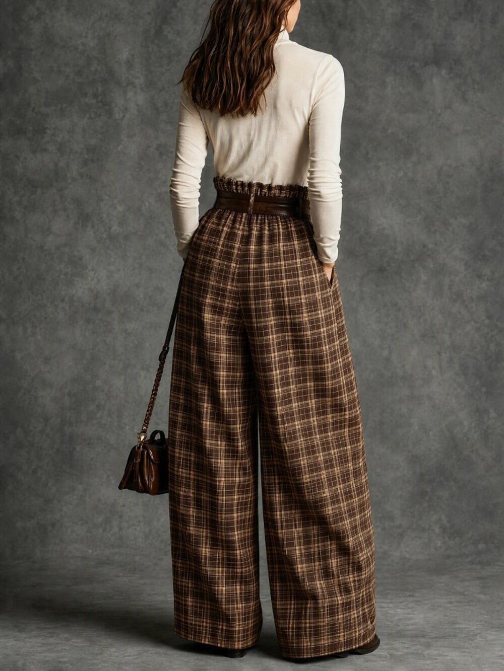 Multicolor Casual Women's High Waist Plaid Elastic Waist Wide Leg Pants - Picture 2 of 9
